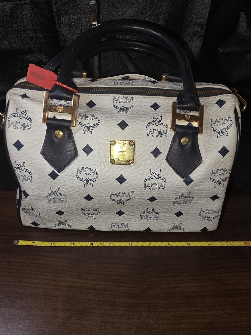 MCM White & Blue Visetos Boston Bag with Gold Hardware - Picture 2 of 16